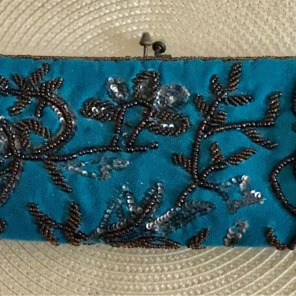 New Turquoise and brown sequined 11” evening bag with 9”chain handle